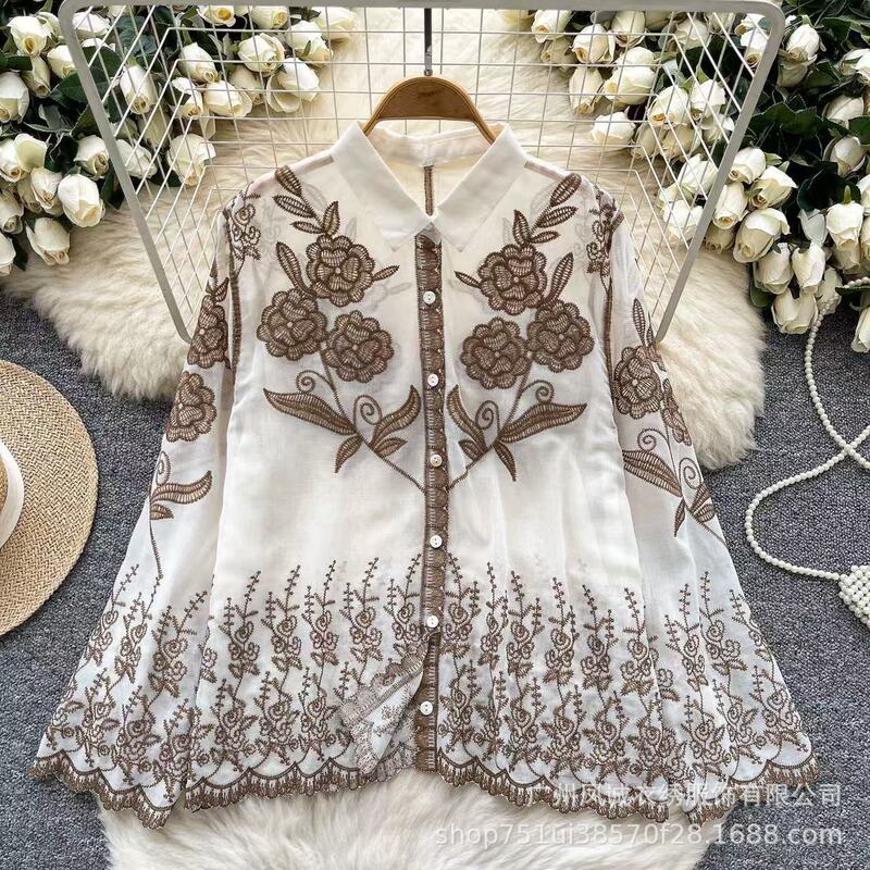 Casual Tops for Women, New Korean Style Fashionable Heavy Embroidery Design Niche Versatile Slimming Long-Sleeved Shirts
