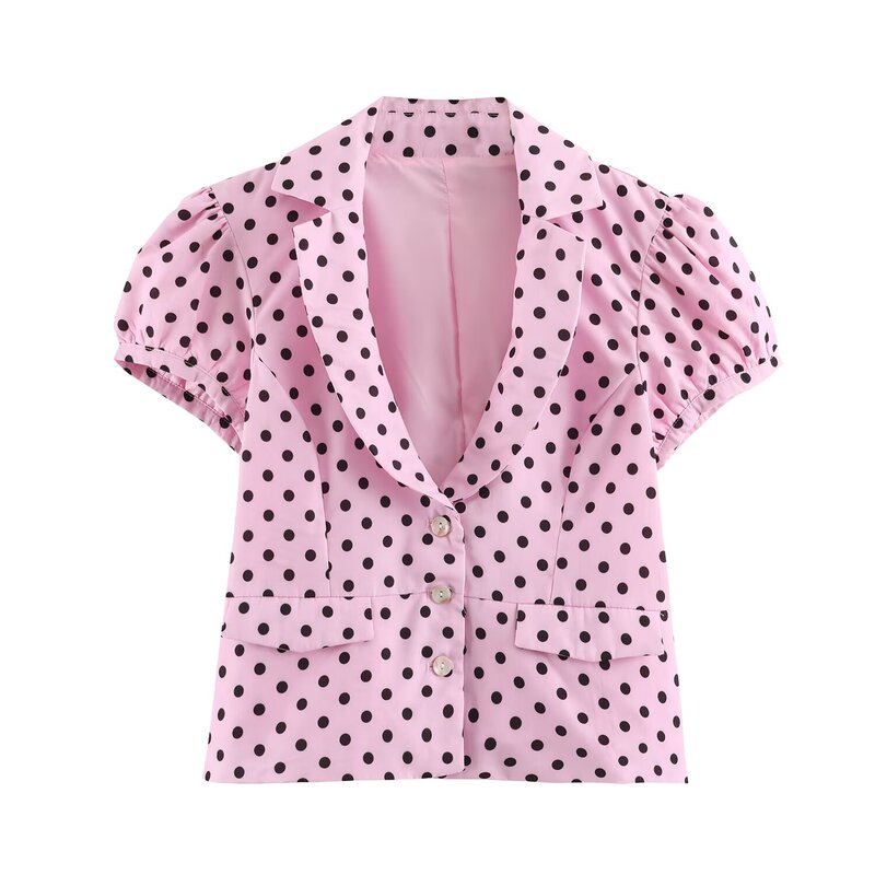 AliExpress Cross-Border 2026 Summer New Women's French Single-Row Multi-Button Short-Sleeve Round-Neck Polka Dot Blouse