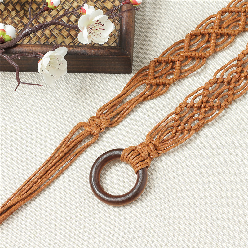 Bohemian Style Wax Rope Handmade Wood Circle Weaving Waistband Ethnic Style Matching Dress Belt 
