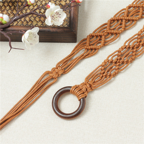 Bohemian Style Wax Rope Handmade Wood Circle Weaving Waistband Ethnic Style Matching Dress Belt 