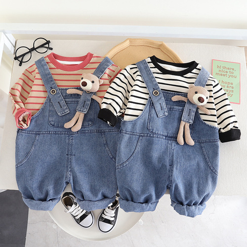 Boys' Autumn Outfit Set Trendy  New Girl's Clothing Baby Children Striped Long Sleeve Belted Two-Piece Set