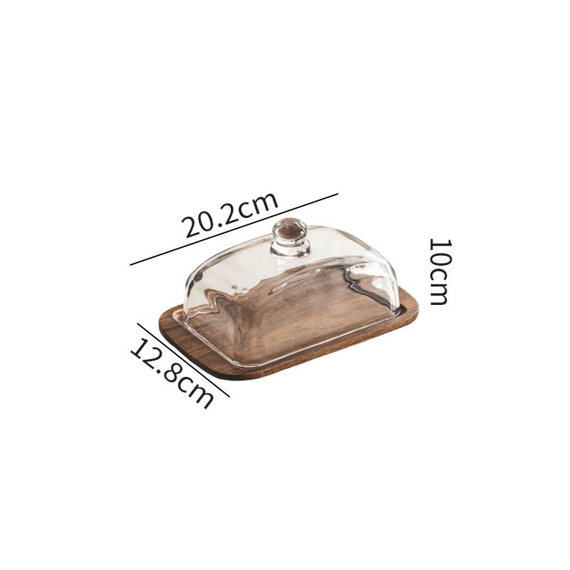 Mantequilla de madera sólida, bandeja de almacenamiento, cubierta de vidrio a prueba de polvo, bandeja de fruta de madera acacia, bandeja de té de la tarde, venta transfronteriza
