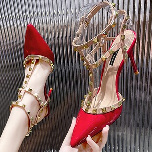 European and American One-Buckle Rivet Sandals Women's 2024 Spring and Autumn New Patent Leather Pointed Stiletto Heel T-Buckle High Heels OL