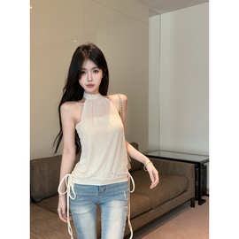 实拍韩系设计感裹胸挂脖闪闪网纱拼接背心女装夏季修身系带上衣