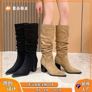 668-2 网红卡其高跟长筒靴时尚新款黑色粗跟堆堆靴复古秋冬女靴子