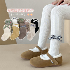 23秋季新款 豎條紋米點格子刺繡蝴蝶結兒童連褲襪 女童外穿打底襪