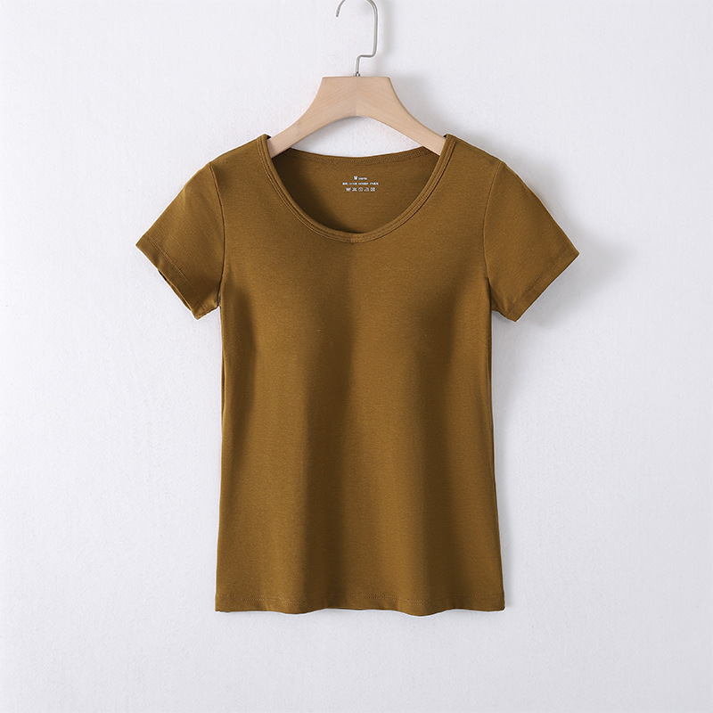 女性用胸パッド付き半袖Tシャツ、夏用オールインワンブラジャーなし下着、ブラジャー無地ラウンドネックトップ、外でも着用可能|undefined