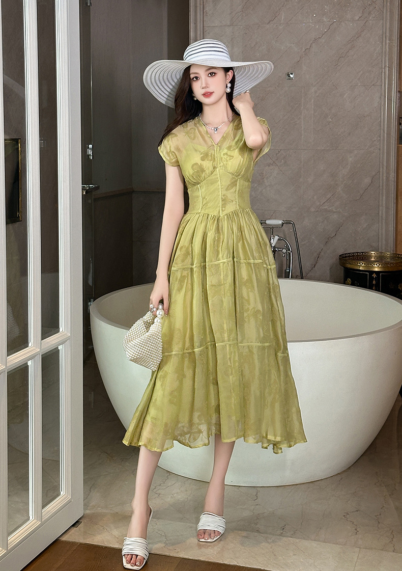 Váy maxi nữ in họa tiết cổ chữ V thắt eo phong cách hoàng gia — Màu xanh cỏ chi tiết 16