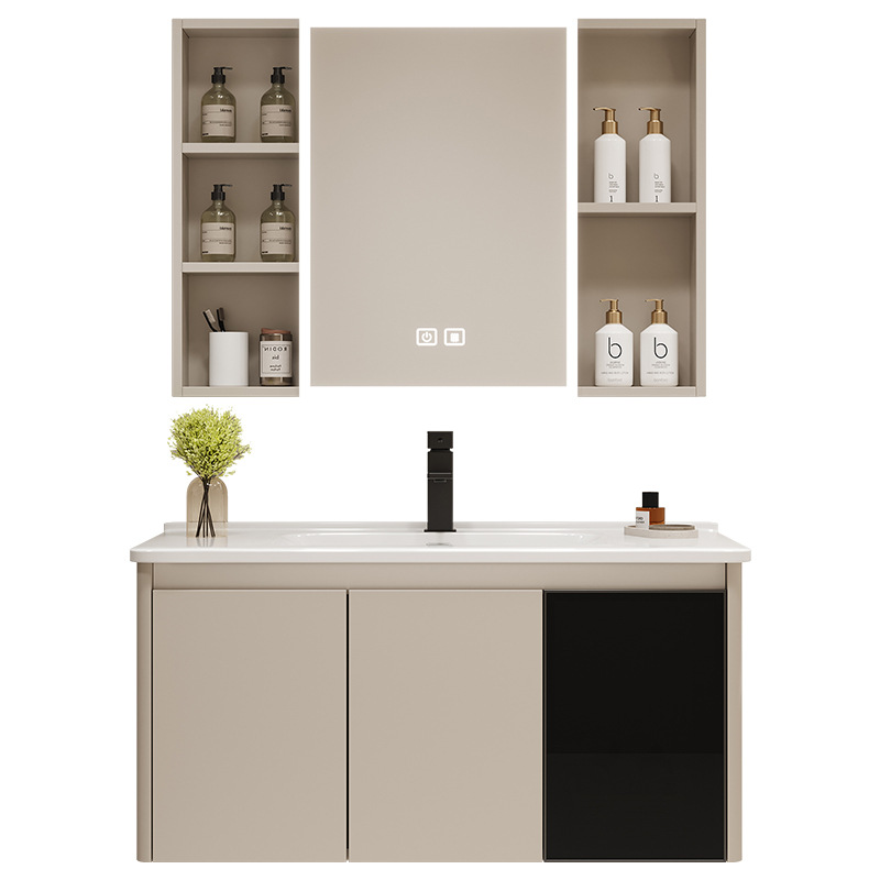 Crema estilo moderno minimalista baño lavado de lavado lavabo integrado de cerámica combinación espejo gabinete panal de aluminio gabinete de baño