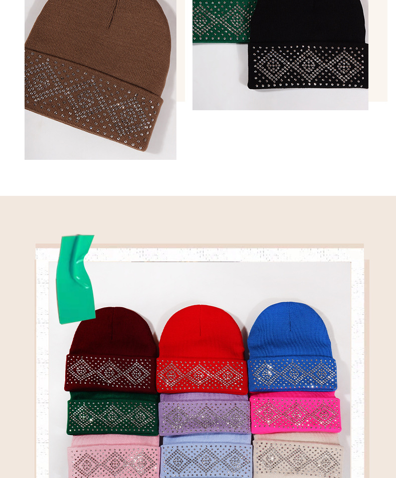 Knitted Beanie Hat With Diamond Rhinestone Details Unisex_voghion.com