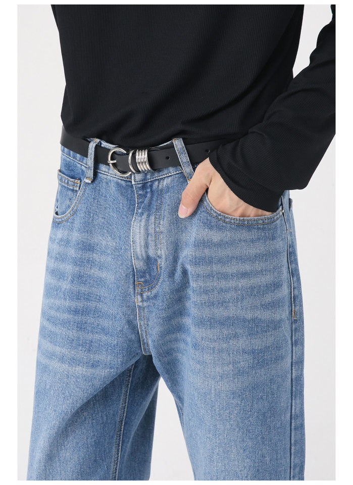 Quần jean nam ống thẳng lửng 9 tấc dáng rộng giặt wash phong cách Hàn Quốc — Màu đen, Denim xanh, Xanh lam đậm, Đen Xám chi tiết 8