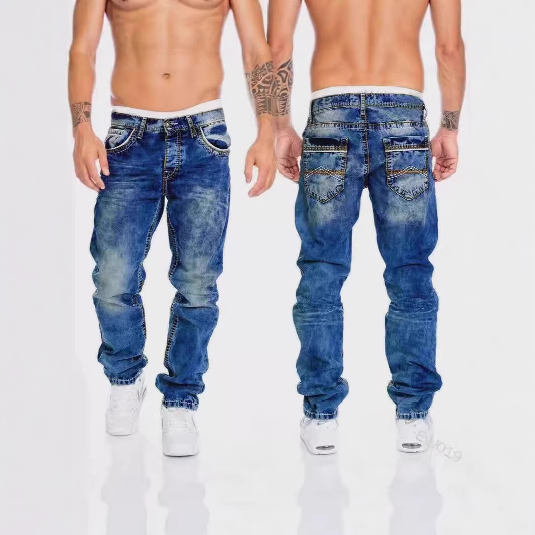 Men's Casual Distressed Straight Leg Jeans Trendy Hip Hop Pocket Trousers European American Style mid Waist Long Non-Stretch_mkmklike.com