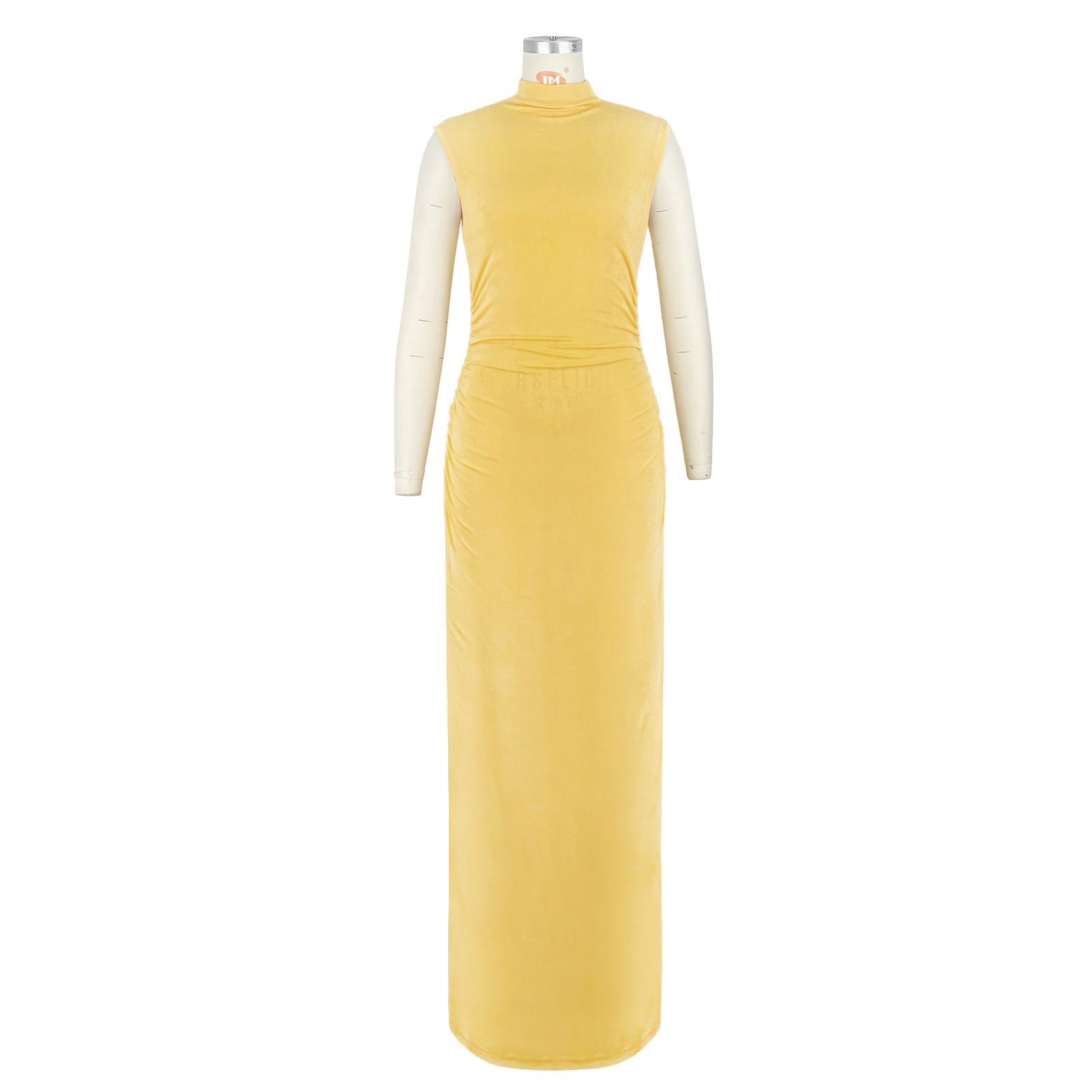 Women Clothing Goods Half Turtleneck Pleated Waist Slimming Sleeveless High Elastic Maxi Dress