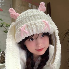 亚比风女小恶魔长耳朵针织帽女秋冬季保暖可爱百搭搞怪套头帽批发