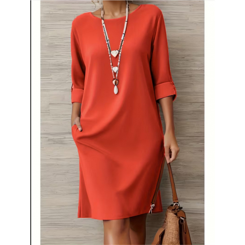 2026 New European and American Style Elegant Round-Neck Versatile Solid Color Dress with Side Pockets and Mid-Sleeves 2026 New European and American Style Elegant Round-Neck Versatile Solid Color Dress with Side Pockets and Mid-Sleeves