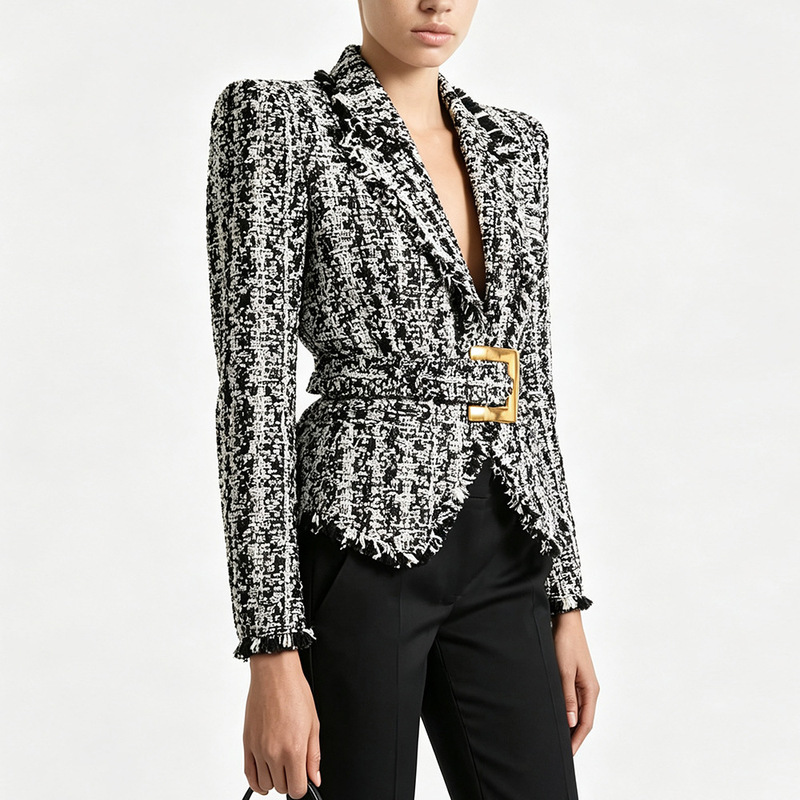 In stock: 2026 autumn/winter new collection – European and American celebrity-style, slim-fit, belted, fringed tweed jacket In stock: 2026 autumn/winter new collection – European and American celebrity-style, slim-fit, belted, fringed tweed jacket