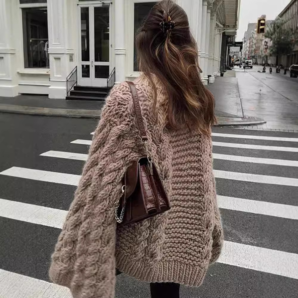 Damenbekleidung, modisches Temperament, Rundhalsausschnitt, Trompetenärmel, Strickpullover, lockeres, vielseitiges Oberteil_voghion.com