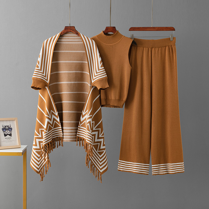 Cross-border European and American suit Women's Striped All-match Collar Sweater Vest Tassel Shawl Jacket Knitted Wide-leg Pants Three-piece Set