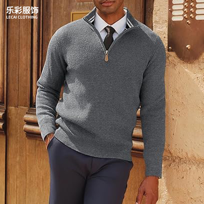 Cross-Border Men's Quarter-Zip Pullover Sweater Lightweight Knit Dress Sweater Suitable for Work and Casual Wear Cross-Border Men's Quarter-Zip Pullover Sweater Lightweight Knit Dress Sweater Suitable for Work and Casual Wear