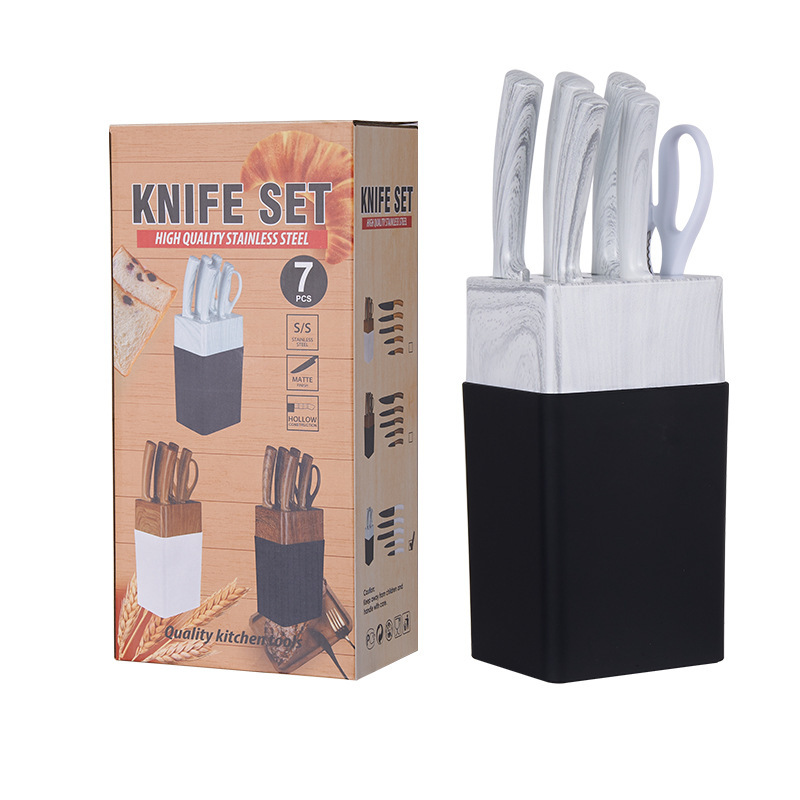 Comercio exterior europeo y americano en stock Yangjiang traje de cuchillo mango de grano de madera 6 piezas cuchillo de cocina conjunto cuchillo con soporte de cuchillo