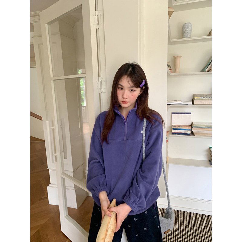 Stand Collar Half-Zip Fleece Sweatshirt for Women, New Spring and Autumn Style, Loose Fit, Warm Jacket Top