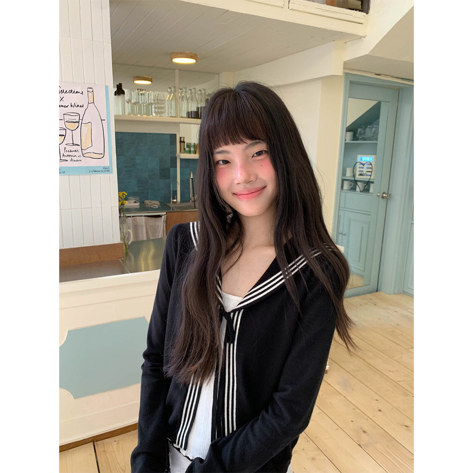 撞色条纹海军领针织开衫女蝴蝶结系带百搭小众高级上衣