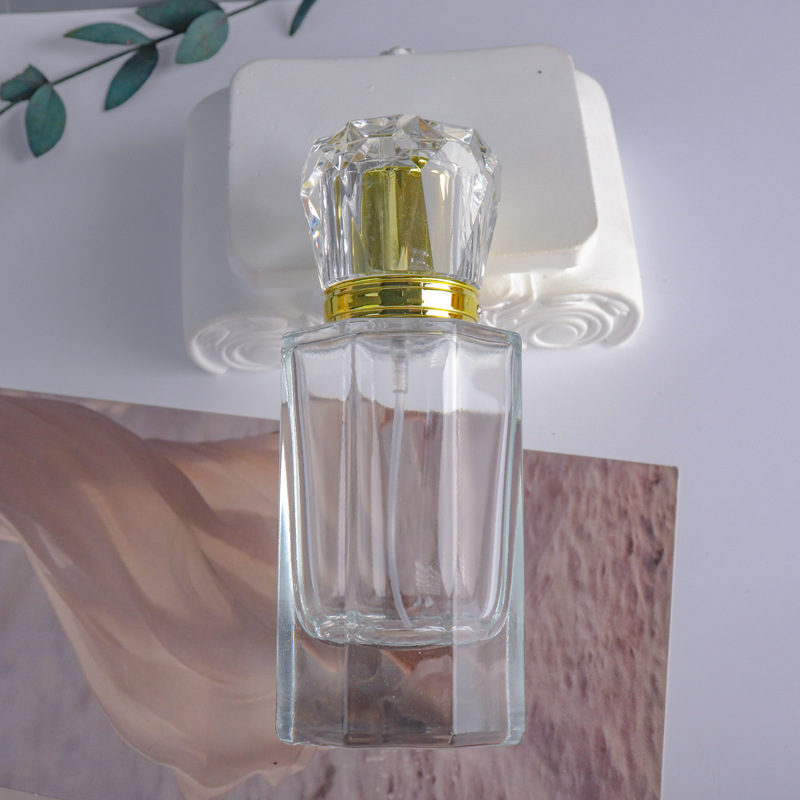 便携分装法式香水瓶50ml螺口水晶盖扁八角玻璃分装瓶按压喷雾空瓶