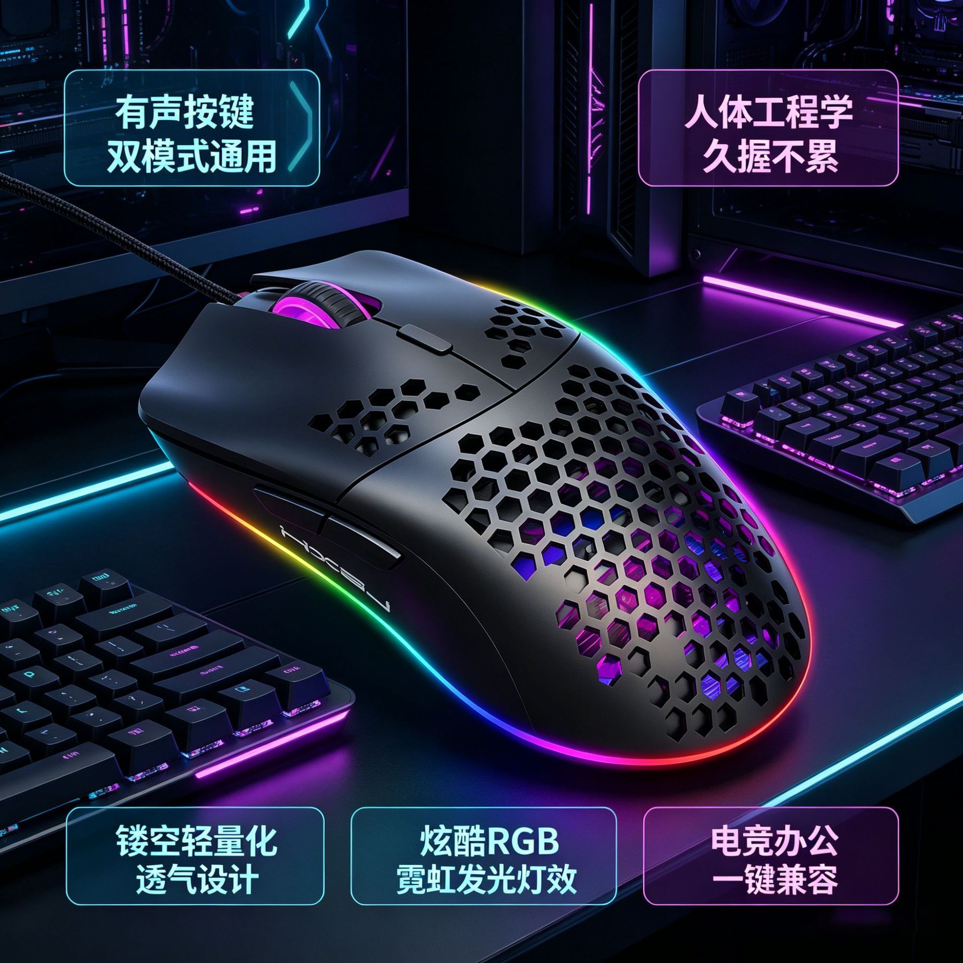 Cross-border perforated wired mouse, luminous hollow-out lightweight desktop laptop gaming 6D office mouse