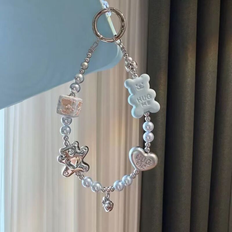 Ice blue silver bear beaded phone chain, cute bear charm, sweet and cool girl's pearl keychain, bag accessory Ice blue silver bear beaded phone chain, cute bear charm, sweet and cool girl's pearl keychain, bag accessory