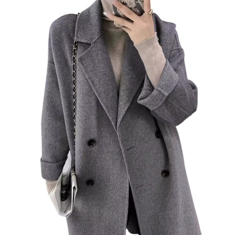 Double-sided woolen demi-season long jacket, cashmere, Korean style, loose fit, mid-length, plus size