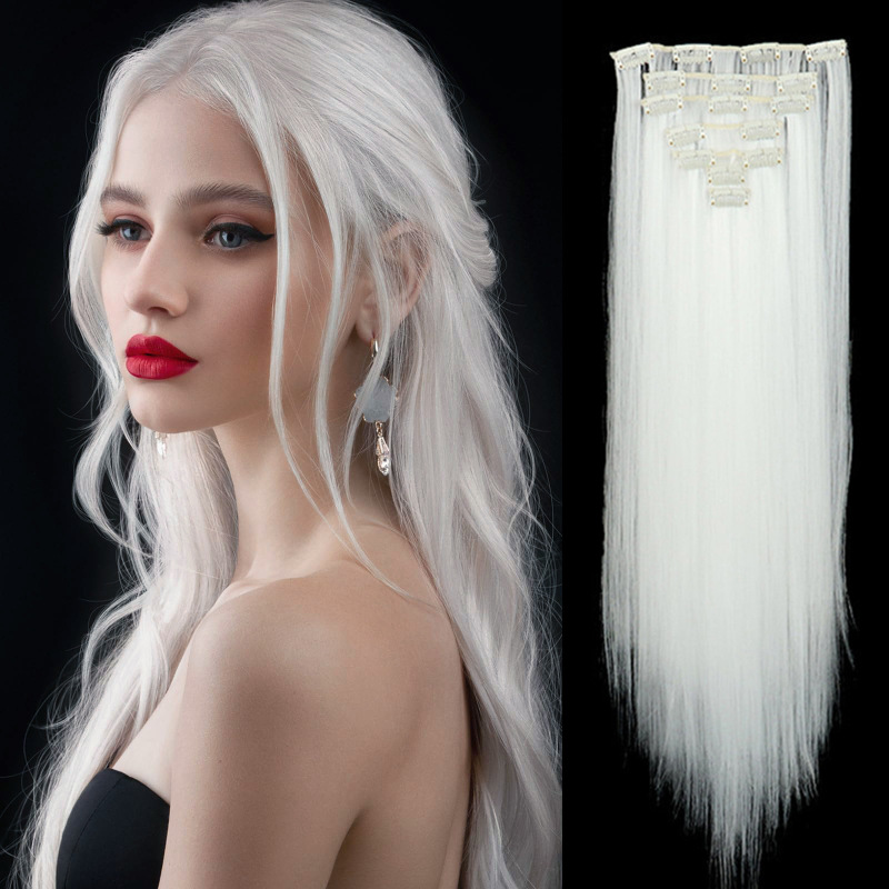 Long Straight Hair Extensions, Pure White Matte High-Temperature Fiber, Seven-Piece Set, 16 Clip-In Hair Extensions, Cross-Border Trade