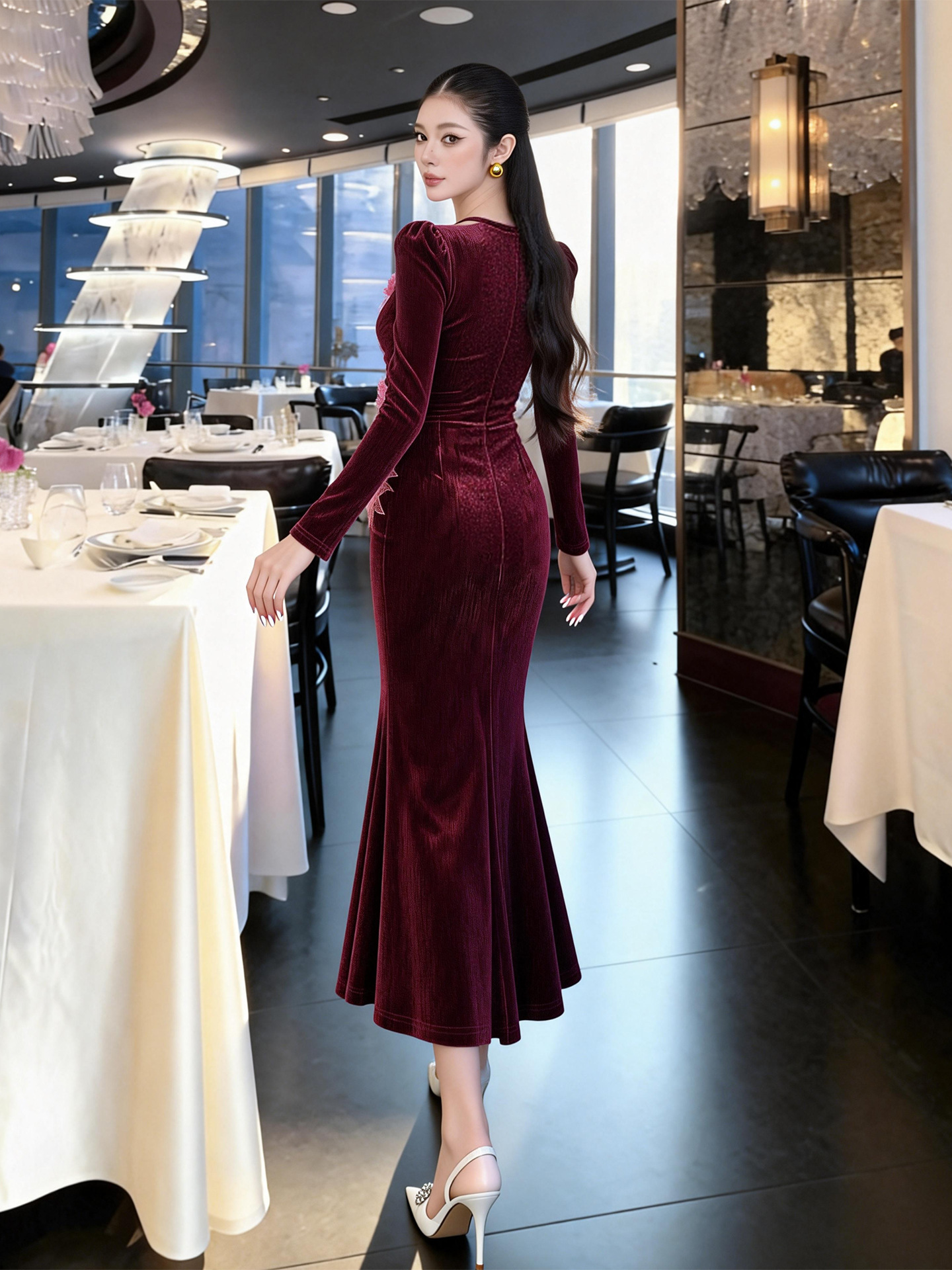 Đầm ôm body nữ thiết kế rỗng hoa lập thể phong cách Pháp — màu sắc