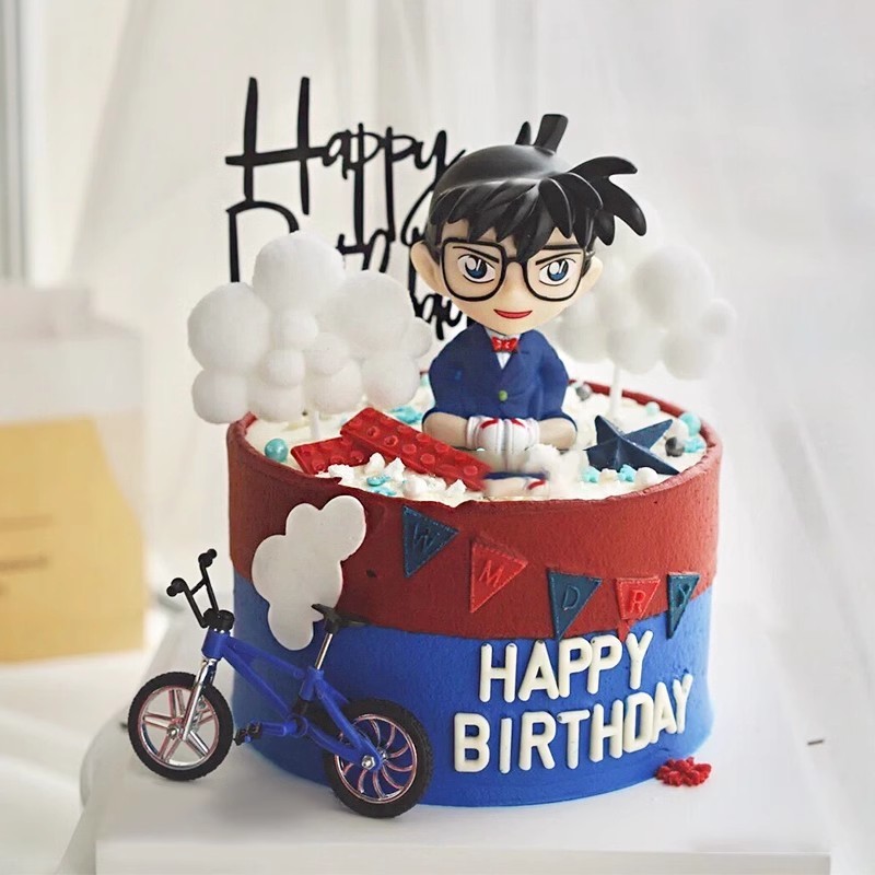 Conan creative birthday cake decoration children's cartoon detective card-inserting bicycle model baking dessert decoration