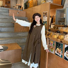 秋冬叠穿甜美套装女2025新款开叉外搭背心裙长袖连衣裙复古两件套