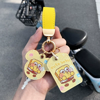 Electric Vehicle Keychain Protective | Electric vehicle key cover shell - leather-keychain-double-card-holder-yellow-sponge