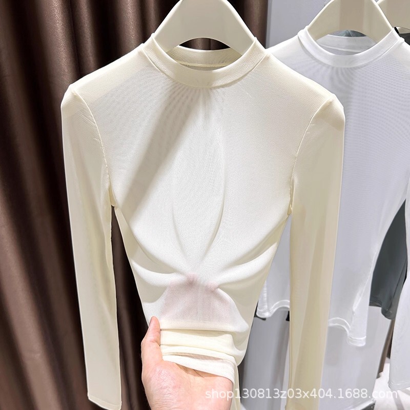 Thin Solid Color Bottoming Shirt for Women, Autum Sweater with High-End Lace Shirt, Slim Fit and Versatile Mesh Top