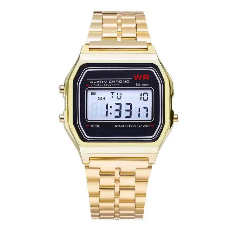 Умные часы Digital Watch 91W, браслет из нержавеющей стали, светодиодная подсветка, узкий дисплей 24 ч (Gold/Silver)