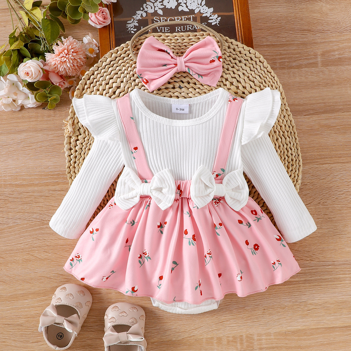 Cross-Border Baby Ins Strap Hot-Selling Girls' Set with Printed Headwear, Spring and Autumn Bow Dress for Toddlers, European and American Cotton