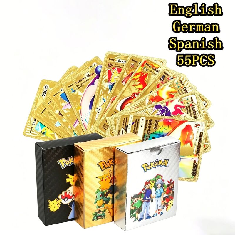 Cross-Border Foreign Trade Pokémon 55-Piece Pocket Monster Tabletop Game Cards Gold Foil Cards Silver Foil Black Foil Collectible Multilingual Cross-Border Foreign Trade Pokémon 55-Piece Pocket Monster Tabletop Game Cards Gold Foil Cards Silver Foil Black Foil Collectible Multilingual