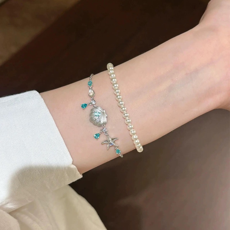 【贝海星辉】中古银色拉丝贝壳海星手链女小众设计感爆闪锆石手饰|undefined