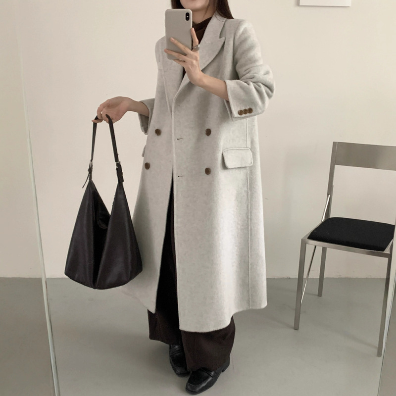 [shoulder suit collar] H version herringbone pattern loose double-sided wool coat extended double-breasted wool coat