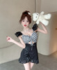 Drawstring plaid patchwork dress for women's nightclubs， work clothes， waistband irregular skirt