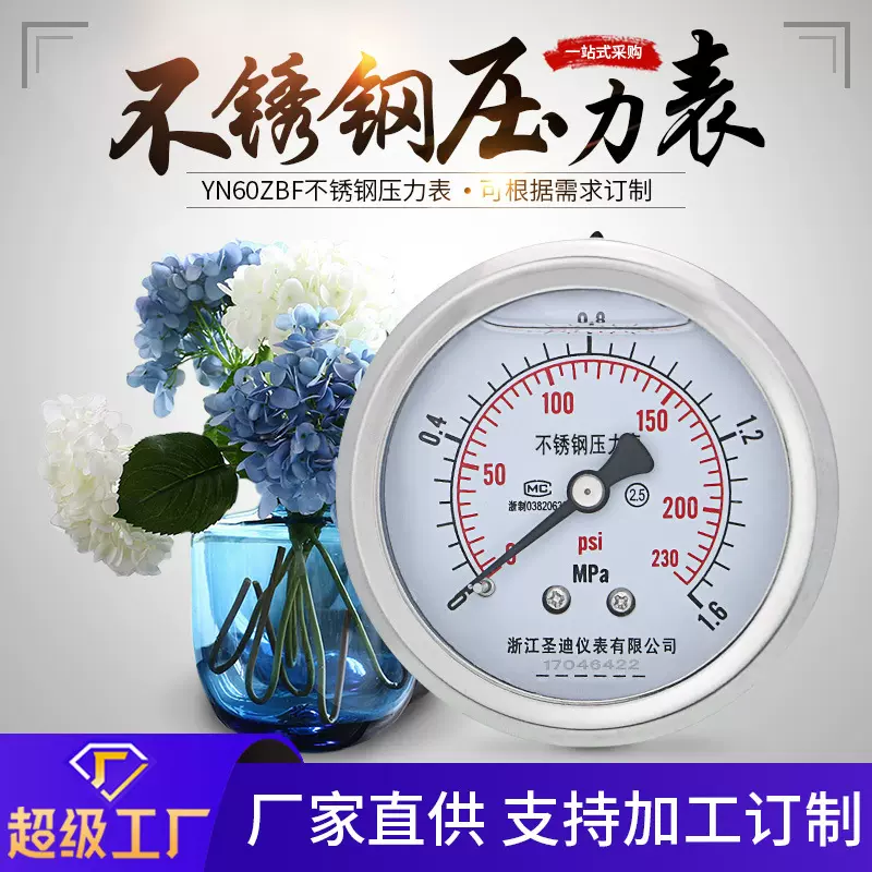 轴向无边耐震压力表yn60zbf面板式不锈钢压力表液压测量仪表仪器