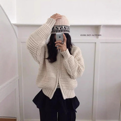 高级感厚实圆领拉链针织开衫女秋冬新款韩系别致时尚毛衣外套上衣