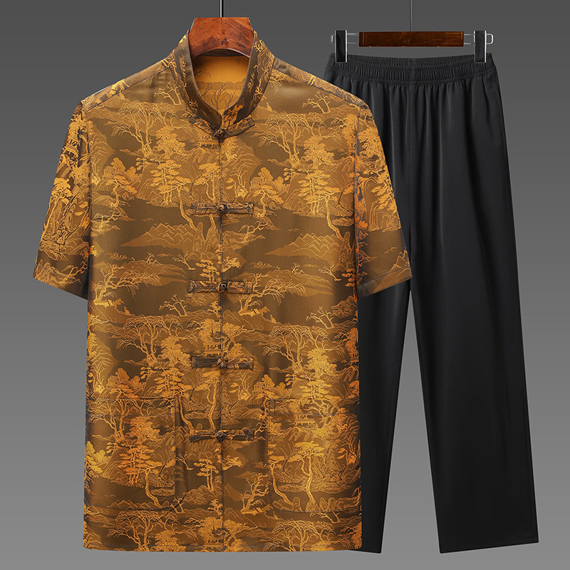 Xiangyun yarn Tang suit men's middle-aged and elderly summer jacquard short-sleeved two-piece suit Chinese style men's clothing grandfather and father outfit