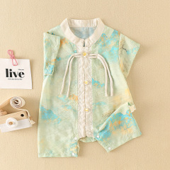 嬰兒新款中國風連體衣夏季薄款男寶寶唐裝哈衣夏裝短袖漢服外出服