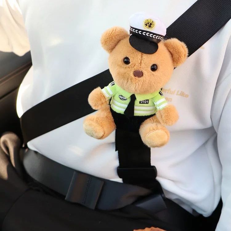 Car Kids Safety Belt Traffic Police Bear Protective Cover Fixed Adjuster Anti-Stranglehold Belly Cartoon Baby Shoulder Pad Set