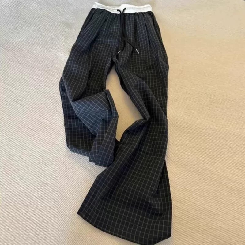 American retro style faux two-piece plaid flared pants for men, summer slim-fit trousers with a relaxed drape and straight cut