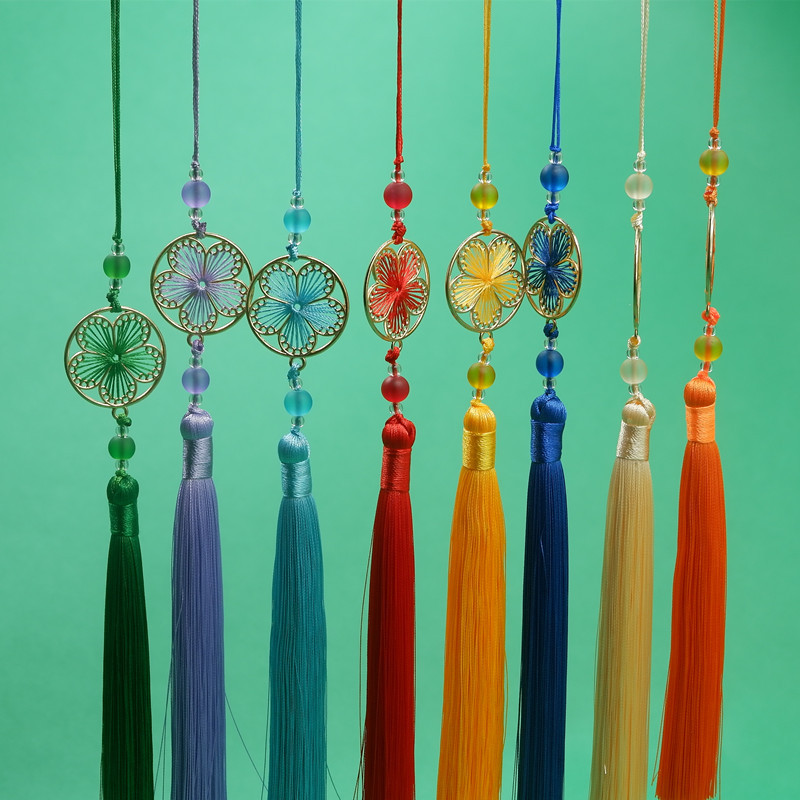 Chinese style wind chime fan pendant with auspicious design, perfect for traditional Hanfu and qipao, featuring elegant floral and moon motifs, traditional Chinese knots, and classic Chinese clothing accents.