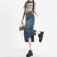 2025年新款高腰开叉牛仔裙女小个子中长款复古a字包臀牛仔半身裙